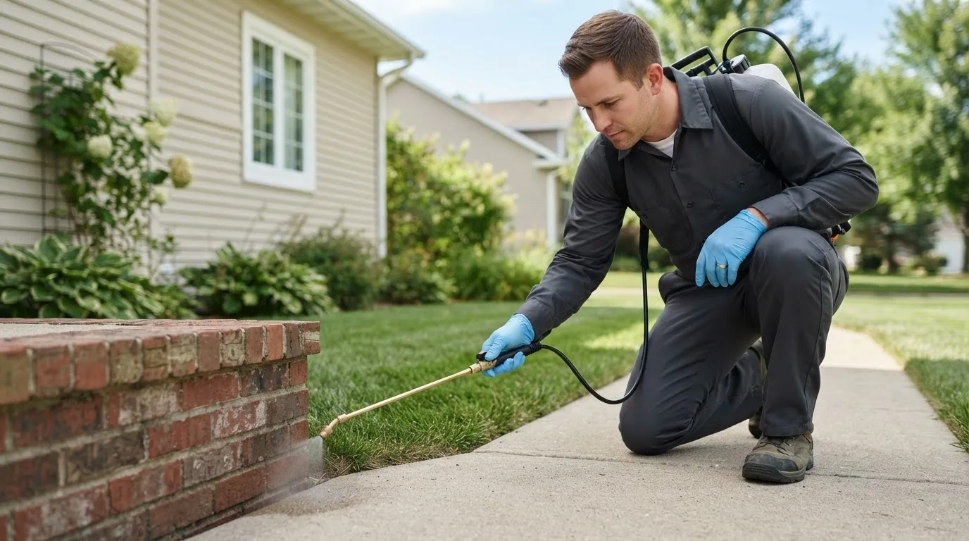 Pest control technician treating a home near Jonas Ridge, NC